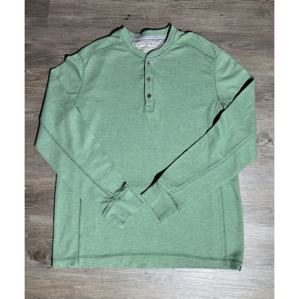 Eddie Bauer Men's L Green Waffle Knit Henley Long Sleeve Shirt Cotton Blend